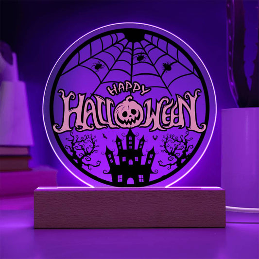 Happy Halloween Cobweb/Castle Acrylic Circle with LED Base